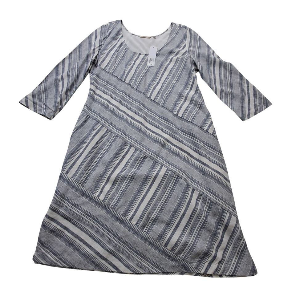 NWT Soft Surroundings Dress Womens Large Blue Midi Sonya Linen Striped Lagenlook